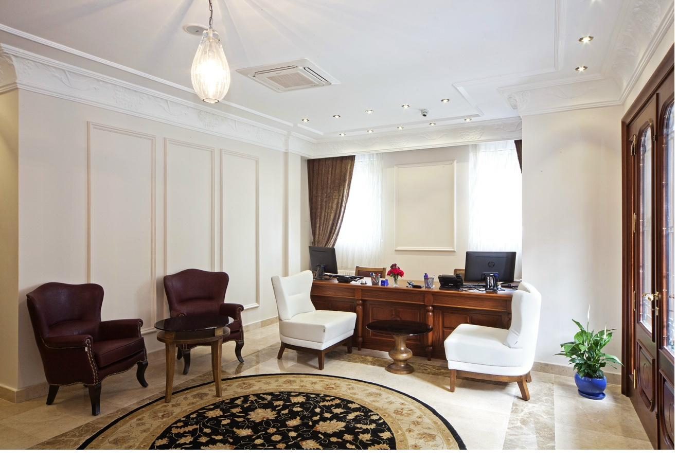 Hotel lobby with elegant reception desk and classic furnishings