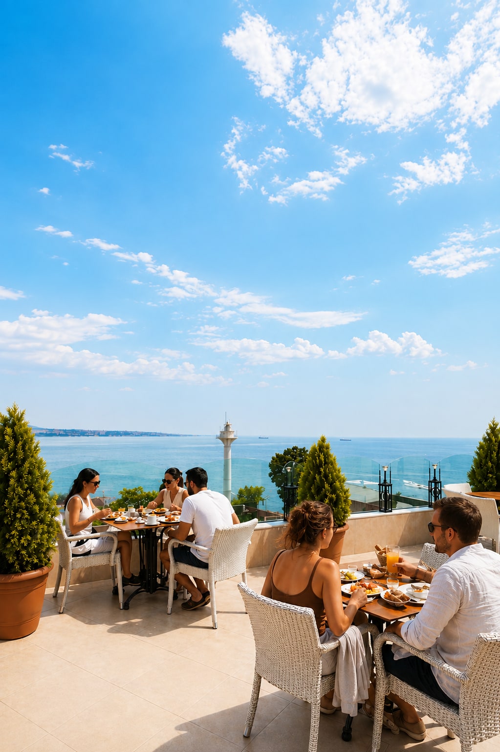Guests enjoying breakfast on the Aren Suites rooftop terrace overlooking the Sea of Marmara